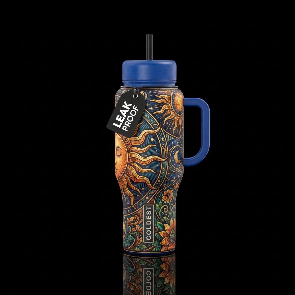 Intaglio etching inspired art nouveau sun print. water bottle design