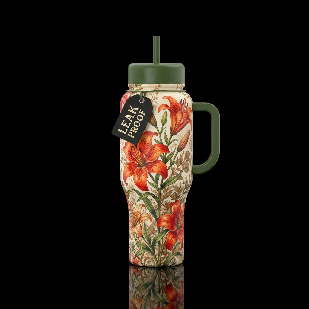 Cottage core inspired tiger lilies. water bottle design