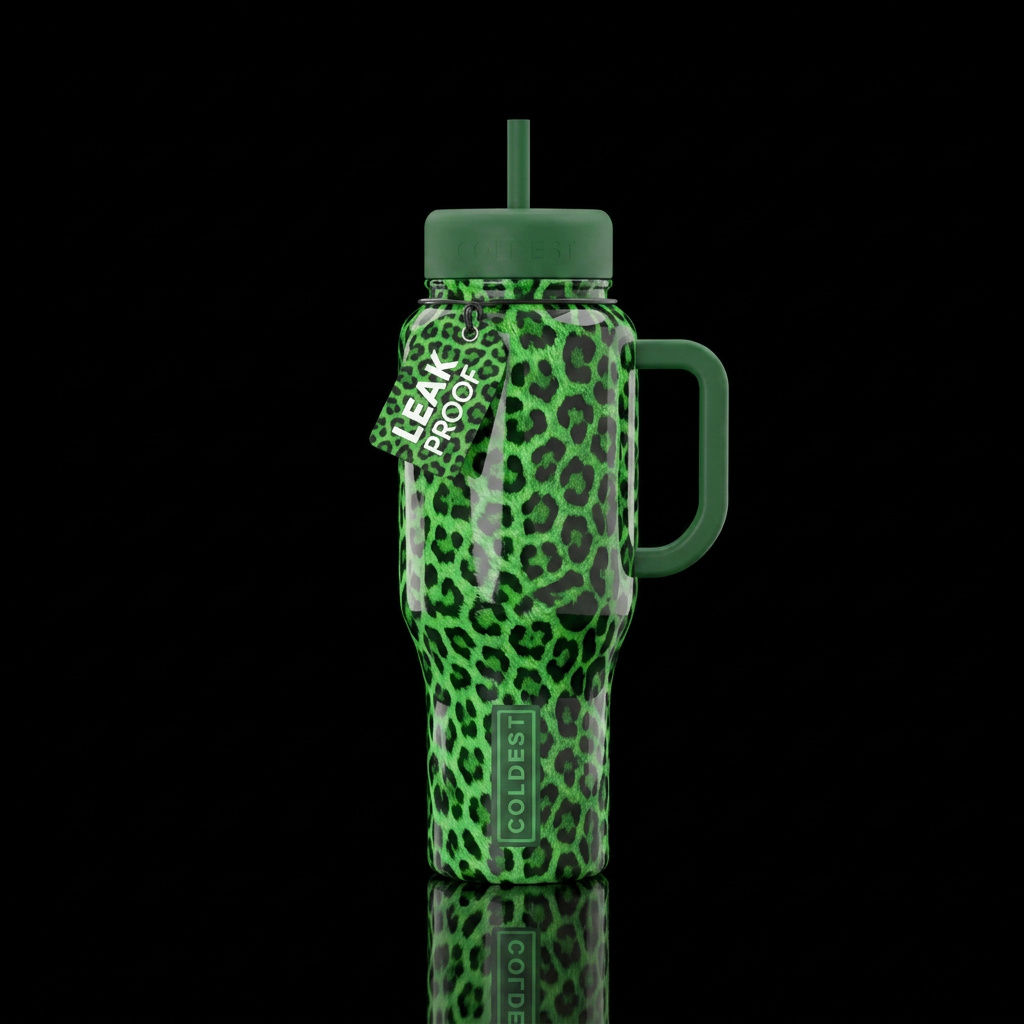 Abstract vibrant green leopard print.   High contr... water bottle design