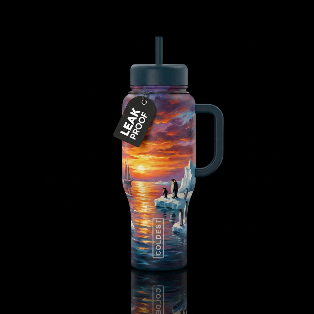 Oil painting sunset on the Arctic Ocean. Vibrant c... water bottle design