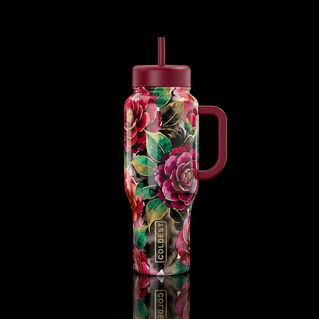 Inkwash camellias water bottle design