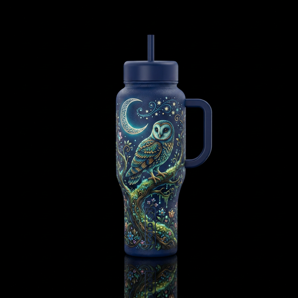 Midnight moonlark owl perch wallpaper.   Luxury hi... water bottle design