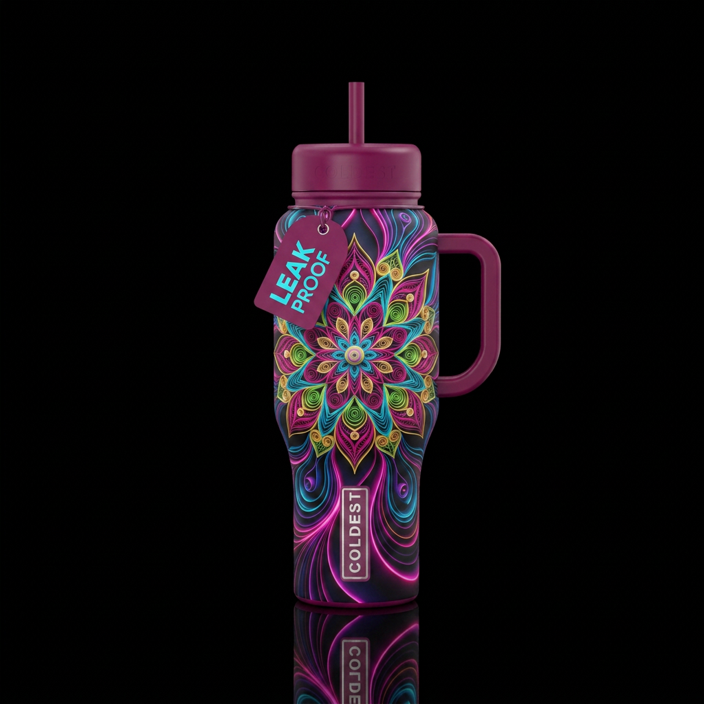 A vibrant, symmetrical floral mandala centerpiece ... water bottle design