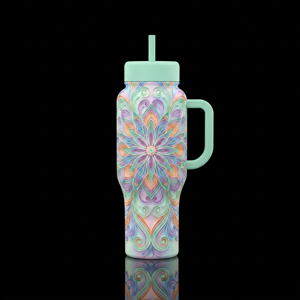 A vibrant, symmetrical floral mandala centerpiece ... water bottle design