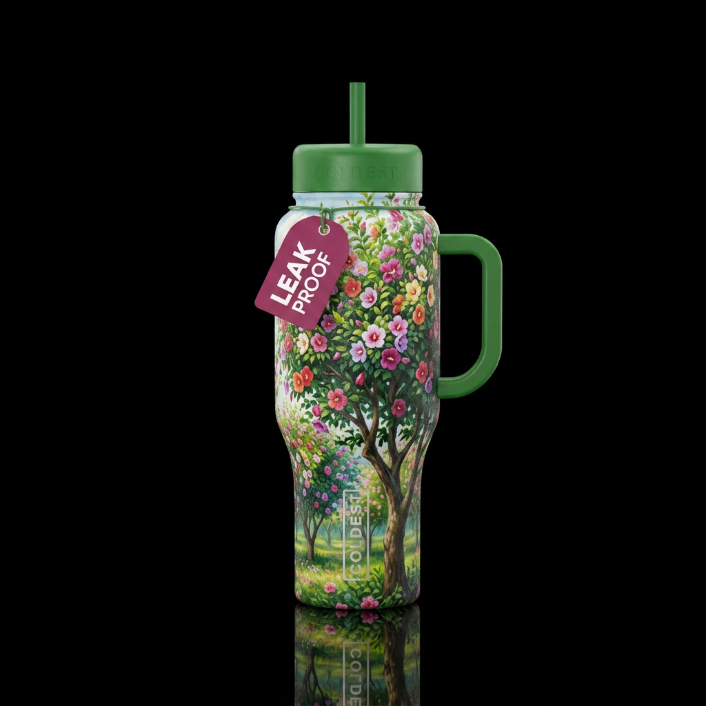 Blooming rose of Sharon trees in a vibrant lush or... water bottle design