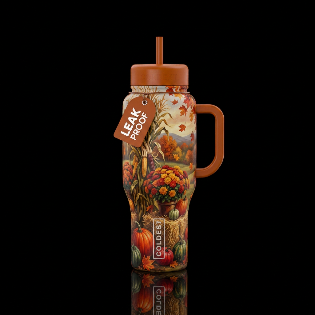 Detailed Fall decor scene.  Corn stalks. Straw bal... water bottle design