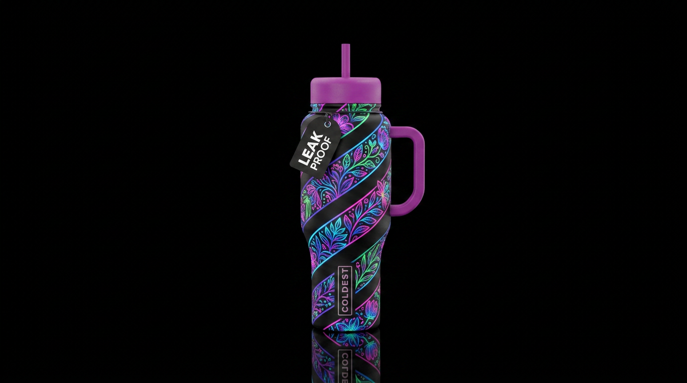 Staggered abstract neon botanical ribbons water bottle design