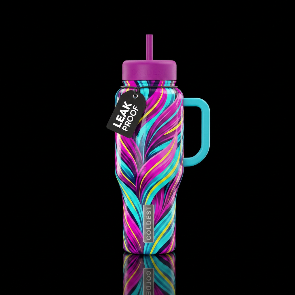 Staggered abstract neon botanical ribbons water bottle design