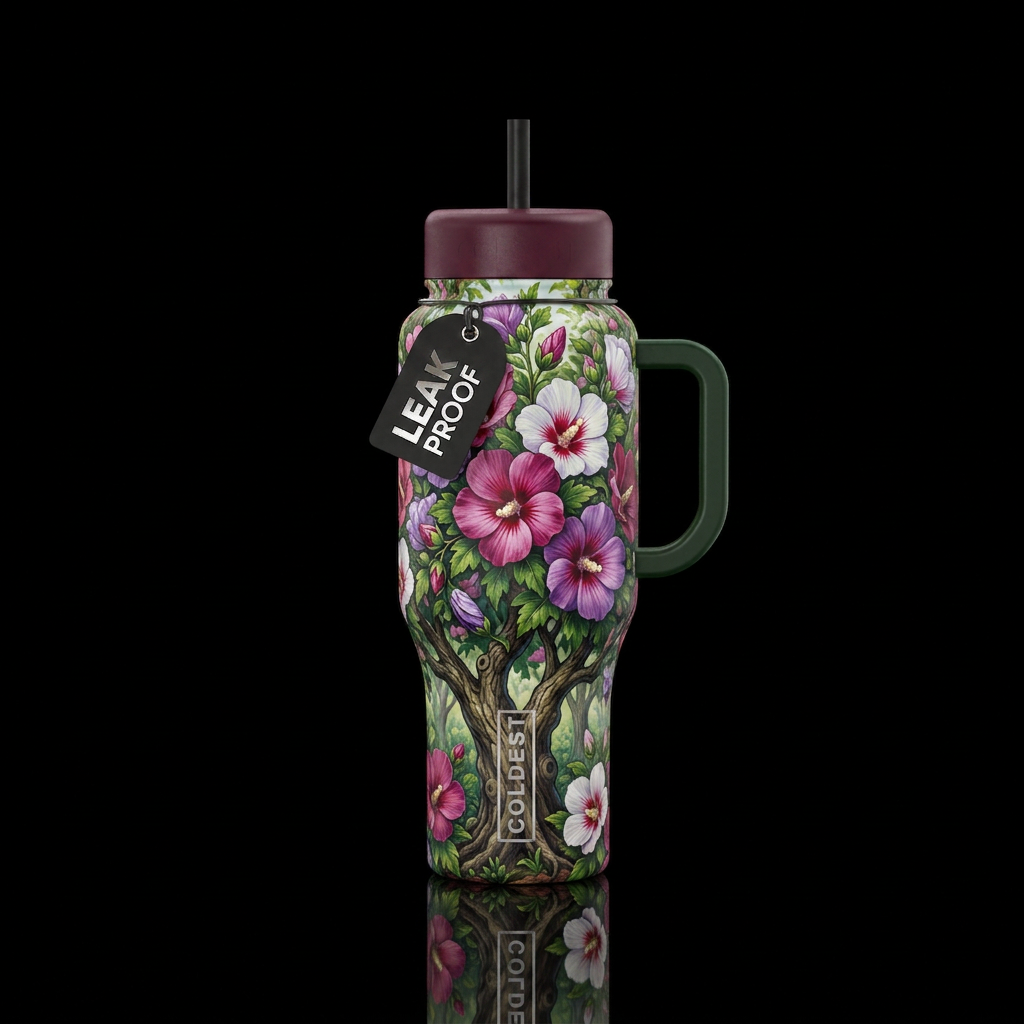 Blooming rose of Sharon trees in a vibrant lush or... water bottle design