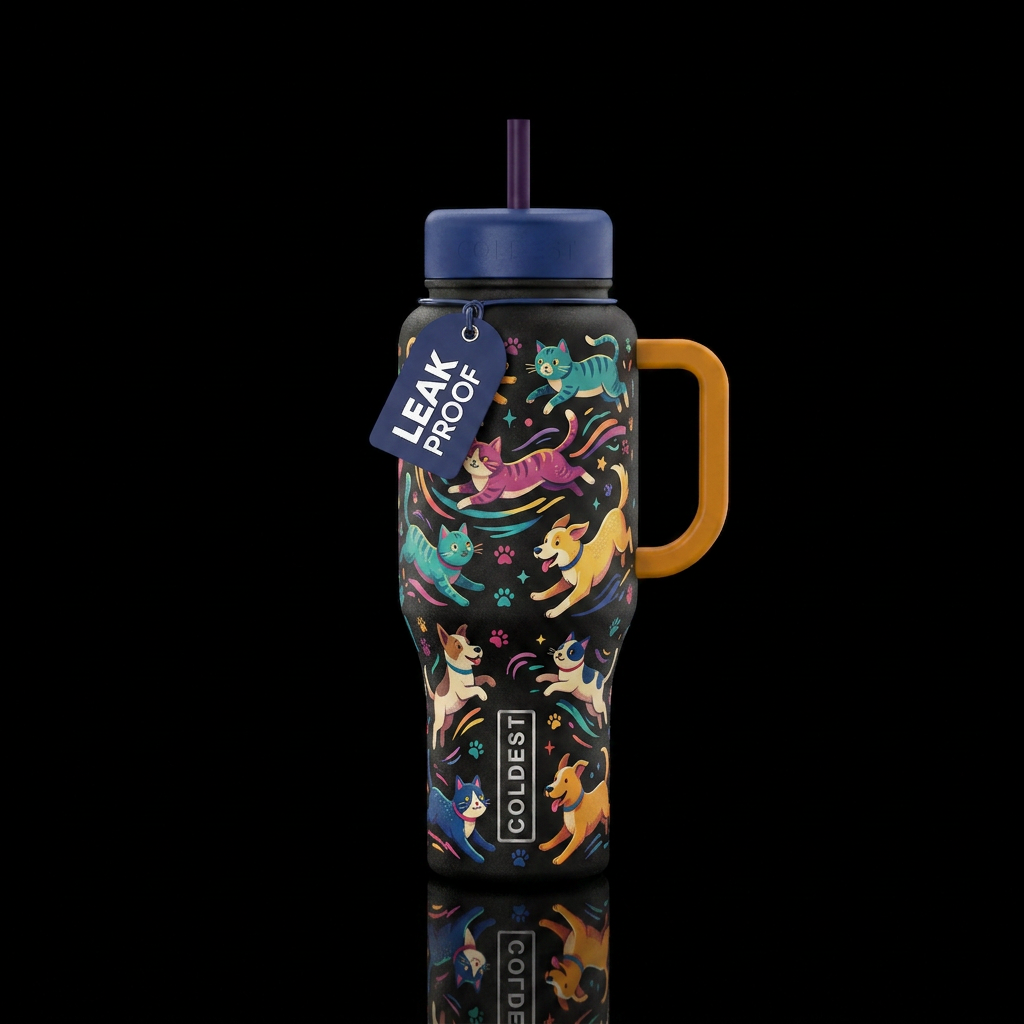 Whimsical cats and dogs chasing each other water bottle design