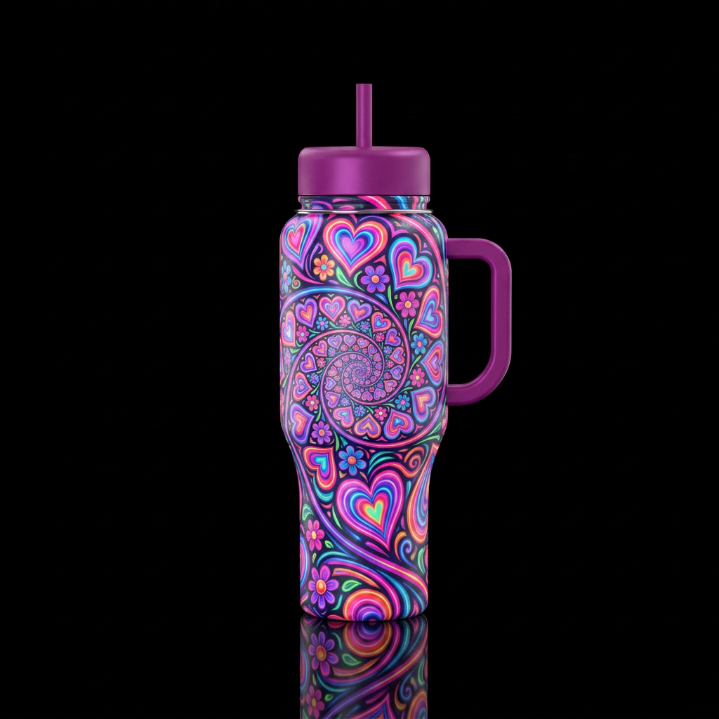 Neon swirling spiraling multicolored hearts and fl... water bottle design