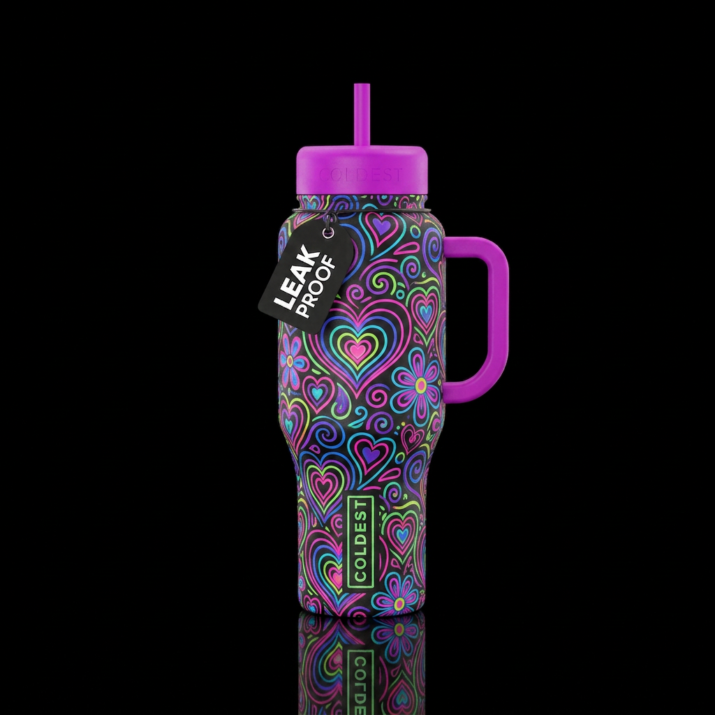 Neon swirling spiraling multicolored hearts and fl... water bottle design