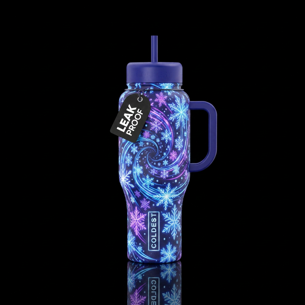 Swirling spiraling neon snowflakes and ce crystals... water bottle design