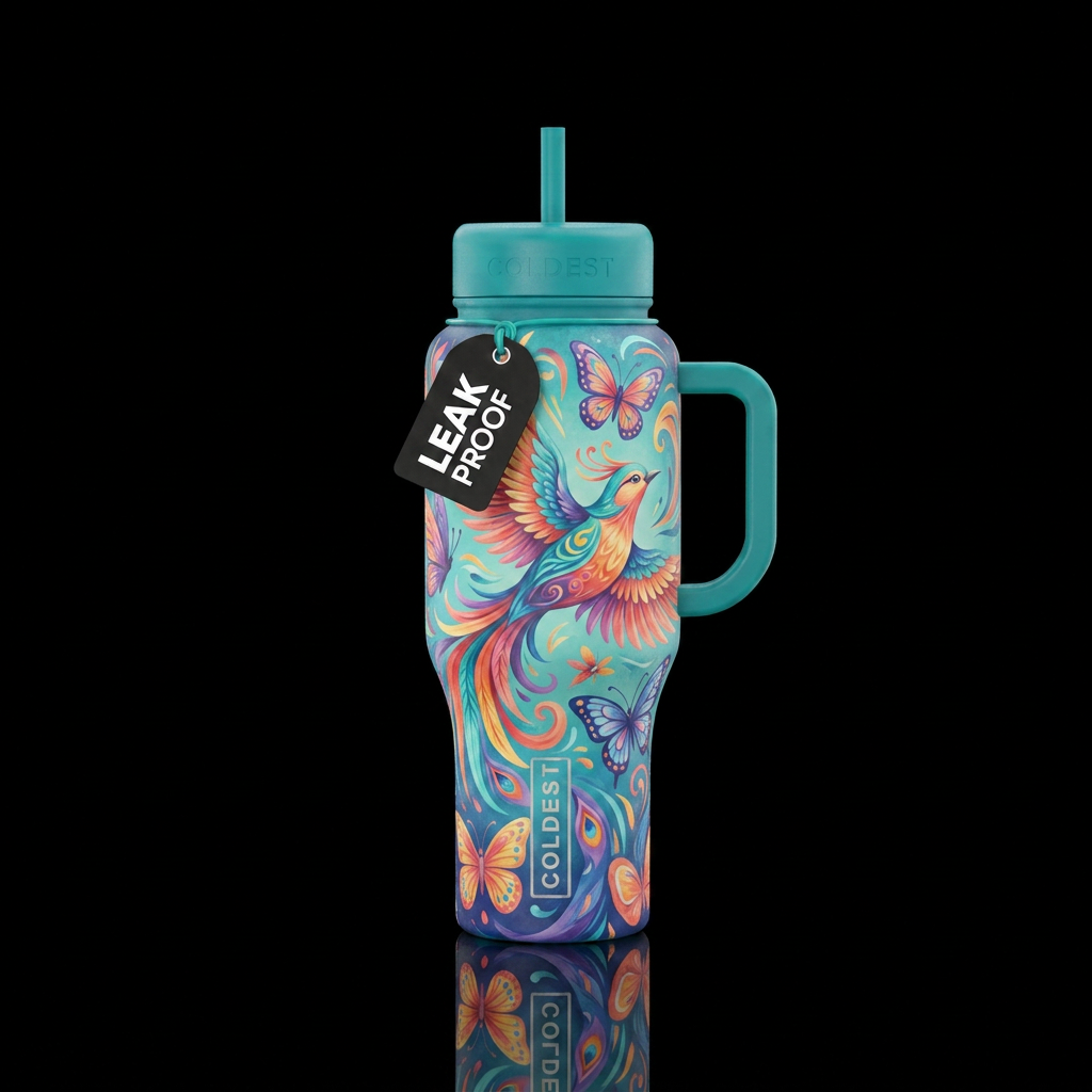 Swirling soaring boho birds and butterflies.  Vibr... water bottle design
