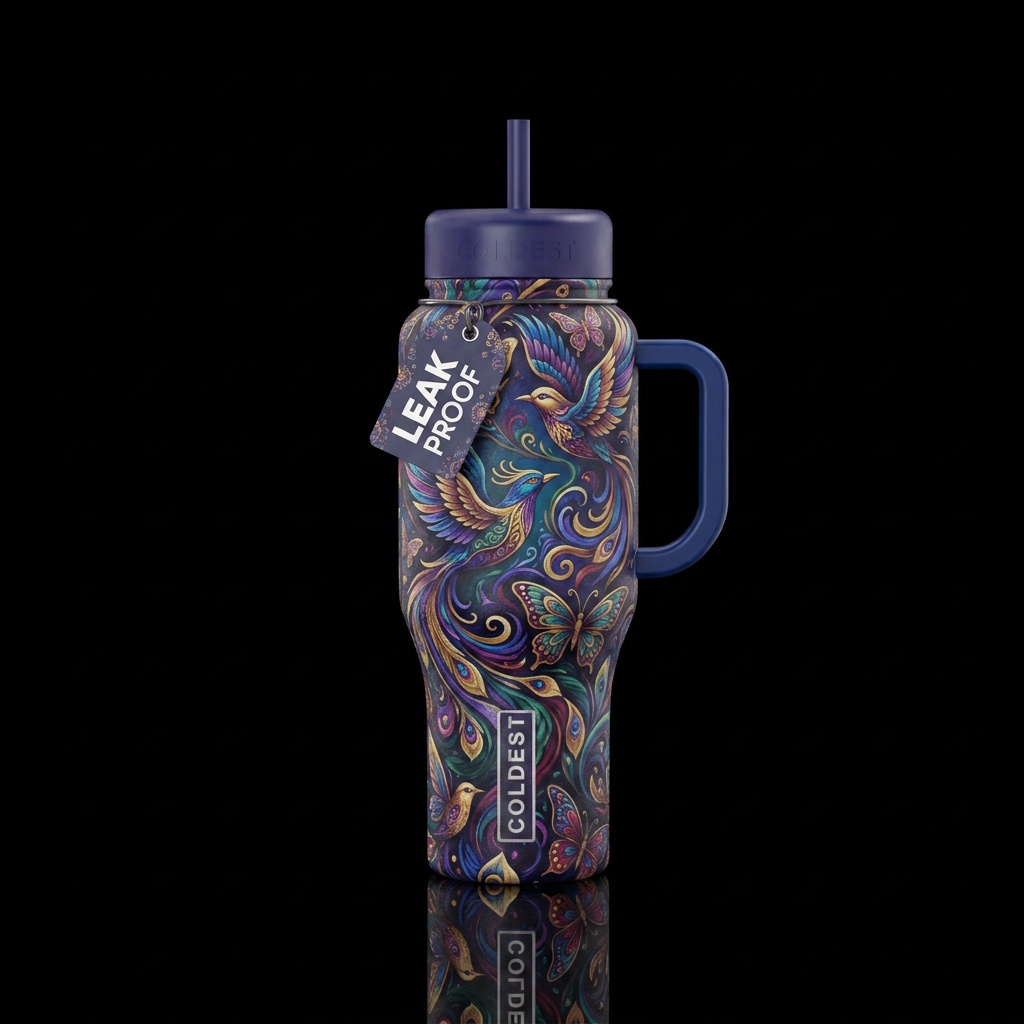 Swirling soaring boho birds and butterflies.  Vibr... water bottle design