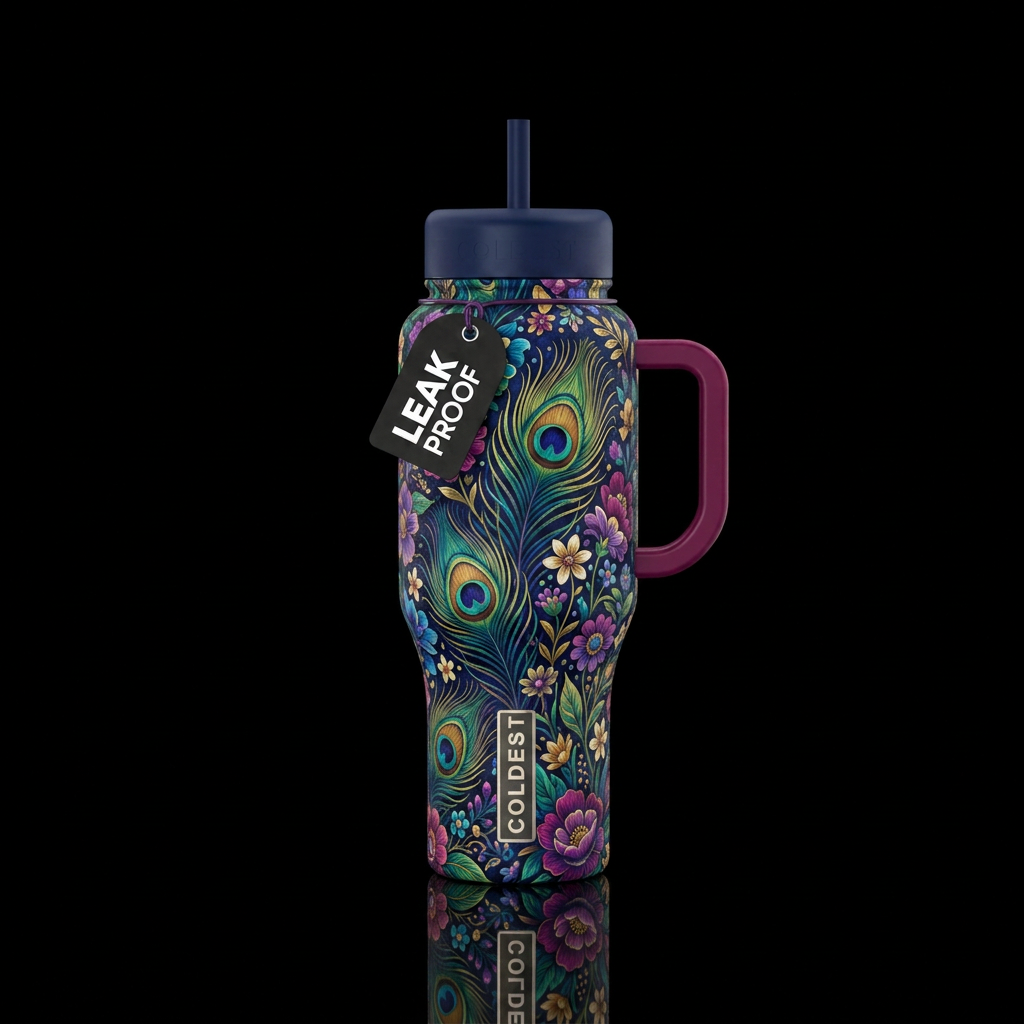 Boho peacock feathers and florals.  Bright vibrant... water bottle design