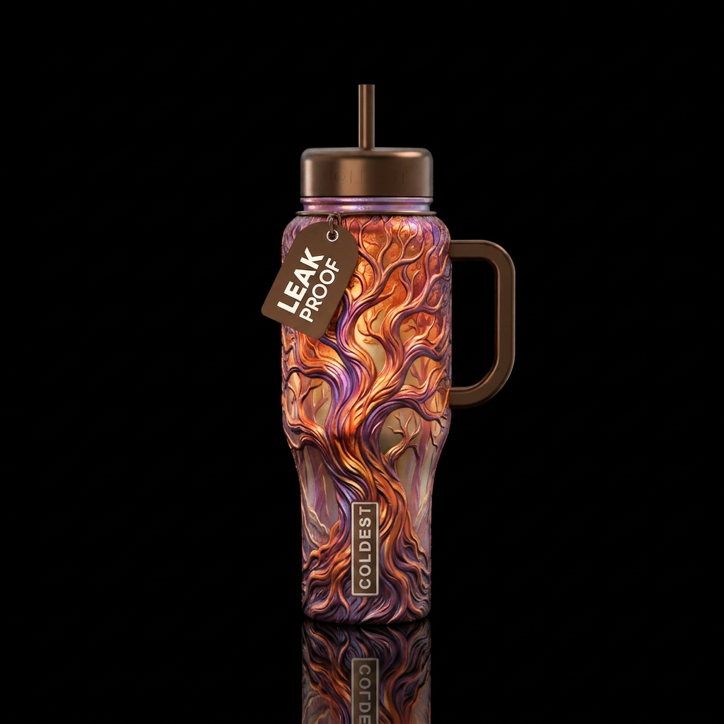 ancient, firery, trees, sculpted, irridescent maje... water bottle design