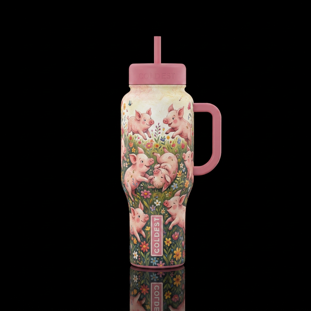 Endearing whimsical storybook  little piglets romp... water bottle design