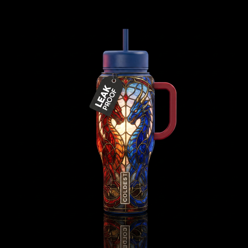 Two magnificently detailed stained glass dragons f... water bottle design
