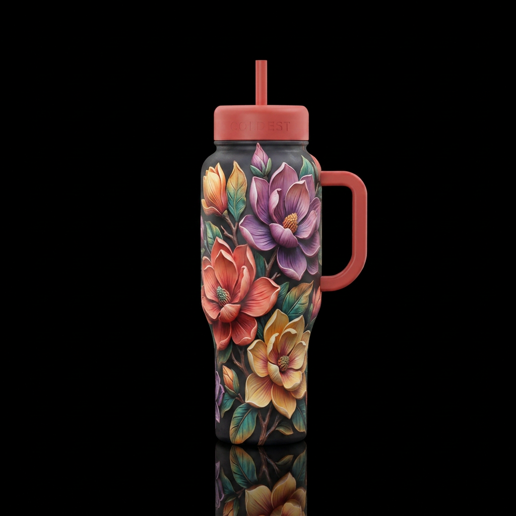 Artistically sculpted Bohemian magnolia blossoms. water bottle design