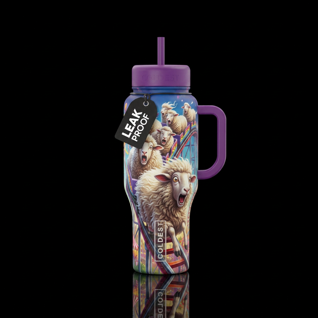 Giant sheep riding down a roller coaster with thei... water bottle design