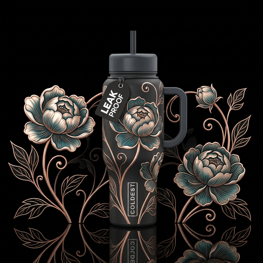 Professional-grade product photograph of a single ... water bottle design