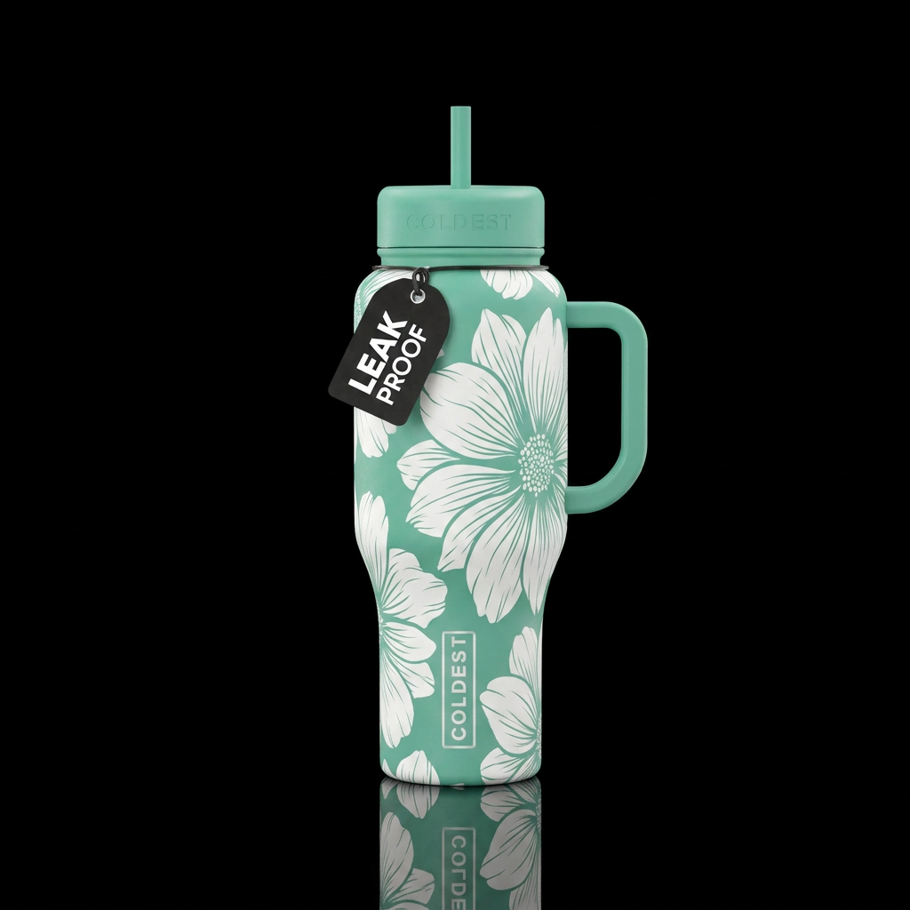 Seafoam green background. High contrast.  Extra la... water bottle design