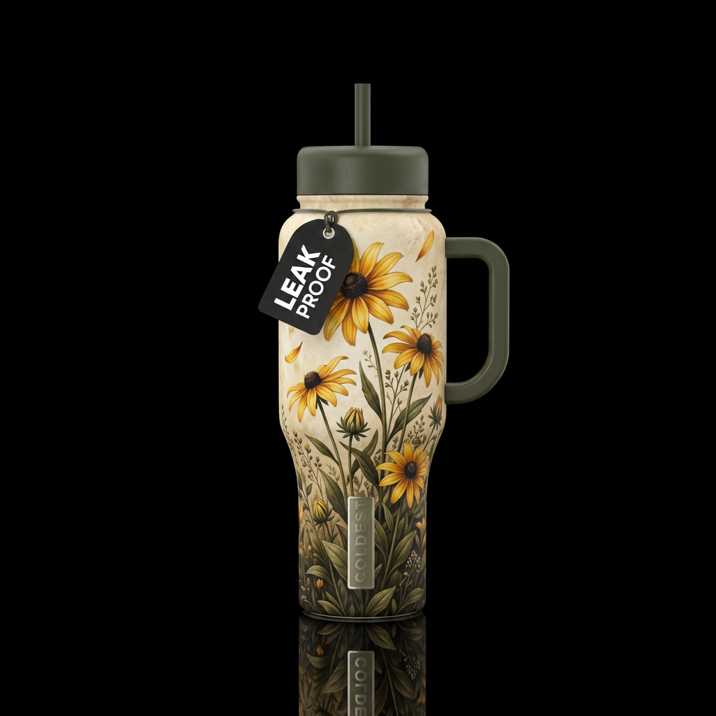 Realistic black-eyed Susans growing diagonally fro... water bottle design