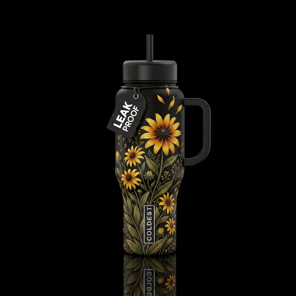 Realistic black-eyed Susans growing in a dense dia... water bottle design