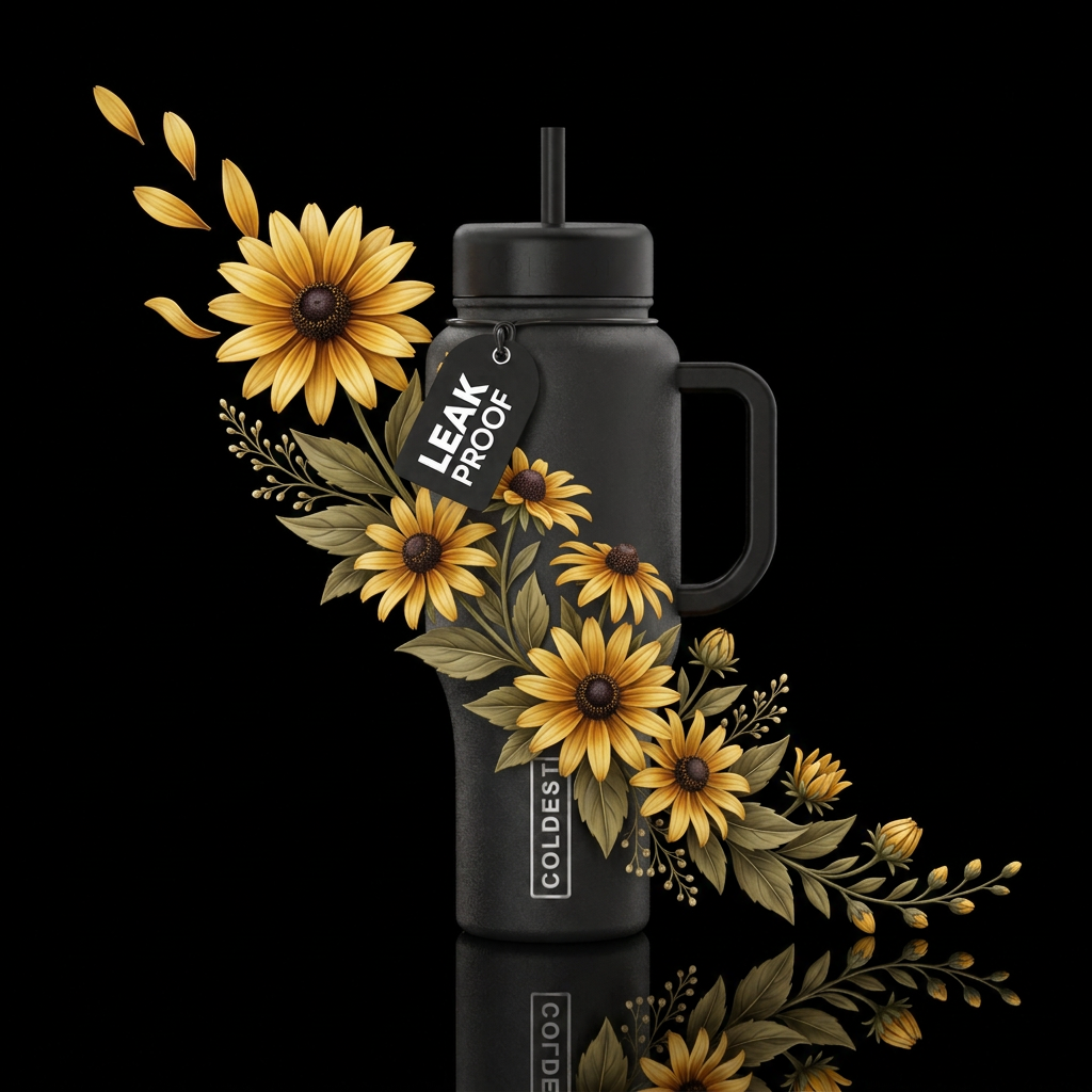 Realistic black-eyed Susans rise in a dense diagon... water bottle design