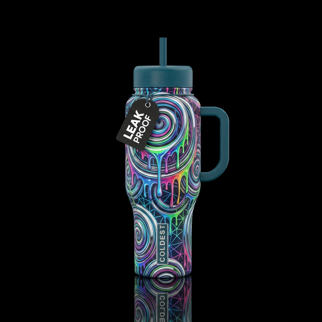 virtual reality, chrome, artistic, dripping, seaml... water bottle design