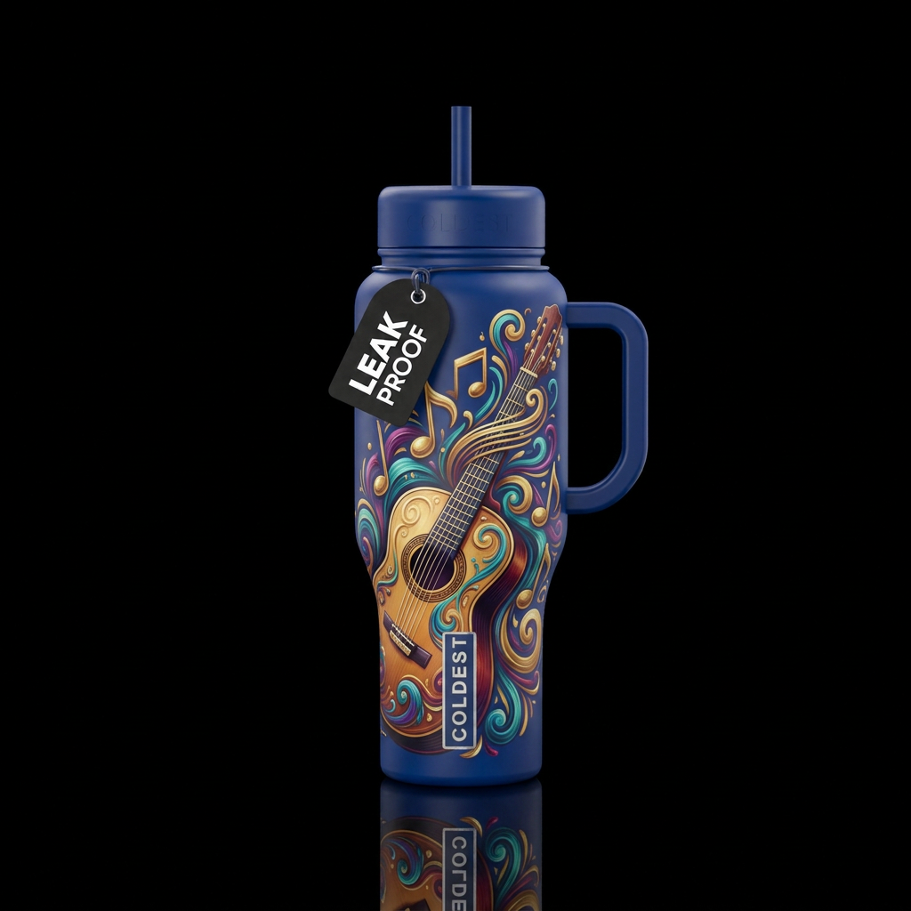 Guitar diagonally rising through the bottle with o... water bottle design
