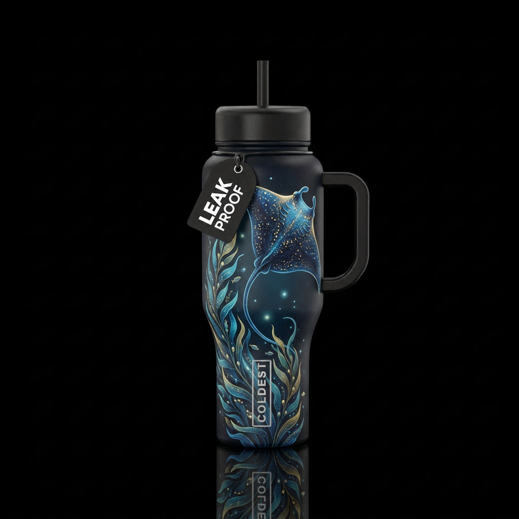 One large beautiful manta ray with a dark blue bod... water bottle design
