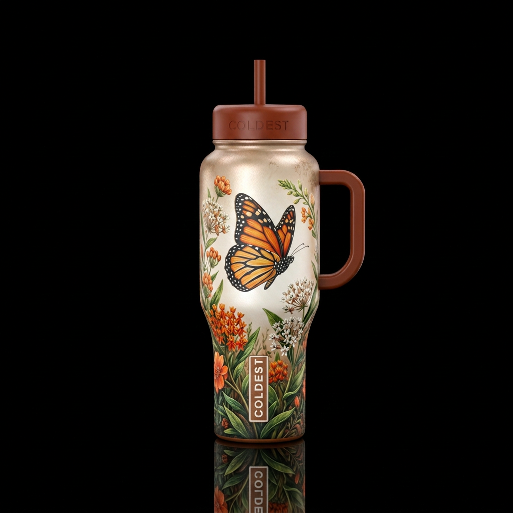 Change the angle of the butterfly so that it faces... water bottle design