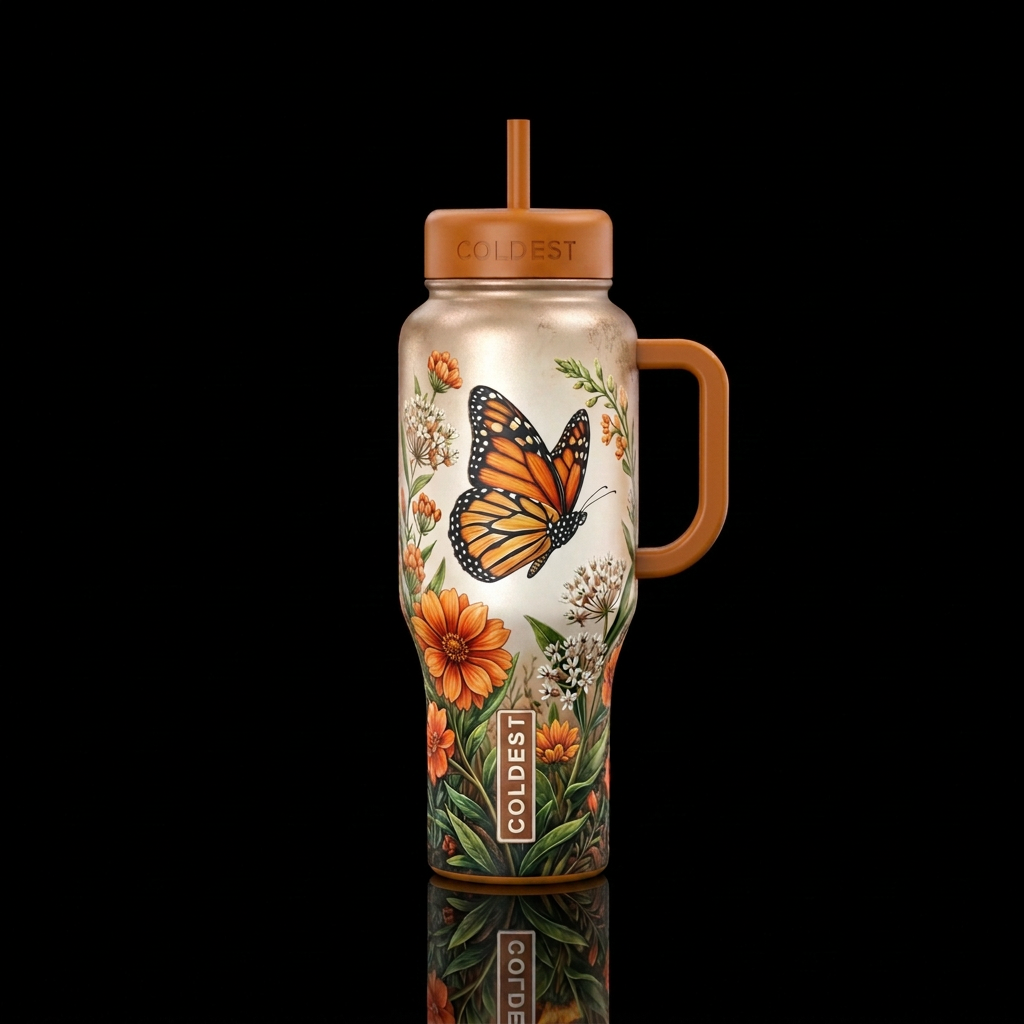 Preserve the monarch, cream background, open space... water bottle design