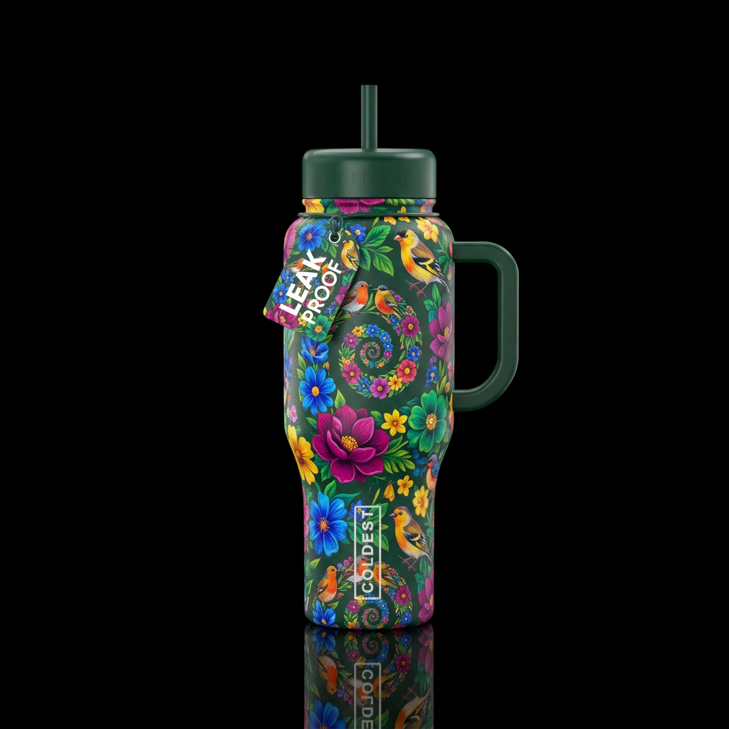 Rotating spirals of flowers and songbirds. water bottle design