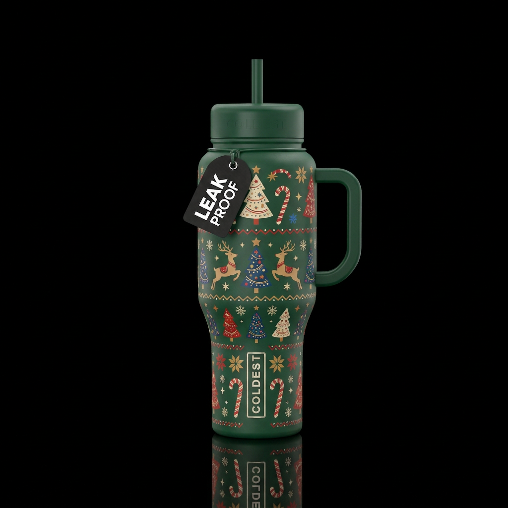 Nordic Christmas pattern with rows of trees, reind... water bottle design