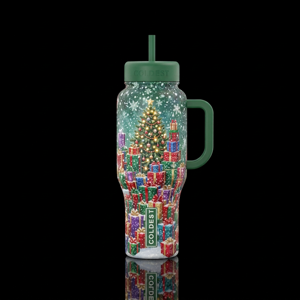 Add a beautifully decorated lighted Christmas tree... water bottle design