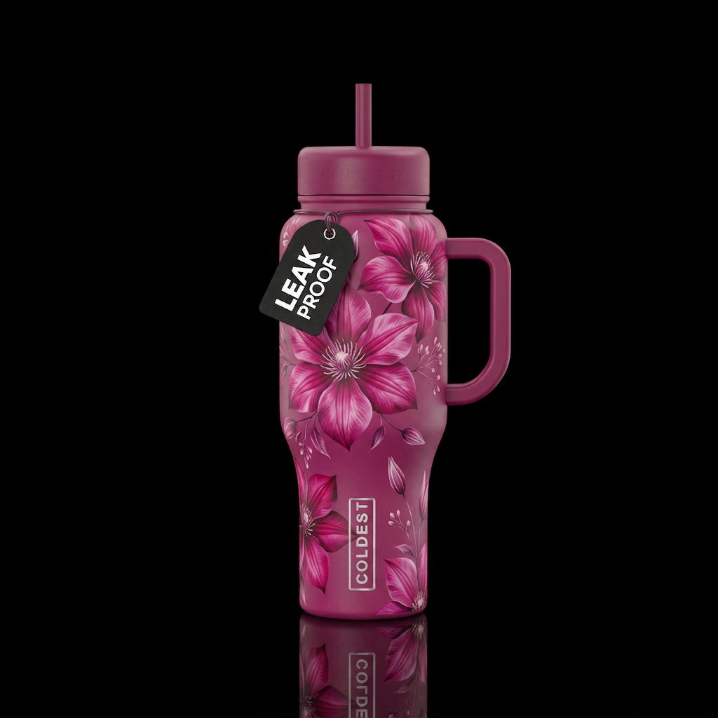 Artistic Blooming fuschia colored clematis.  Delic... water bottle design