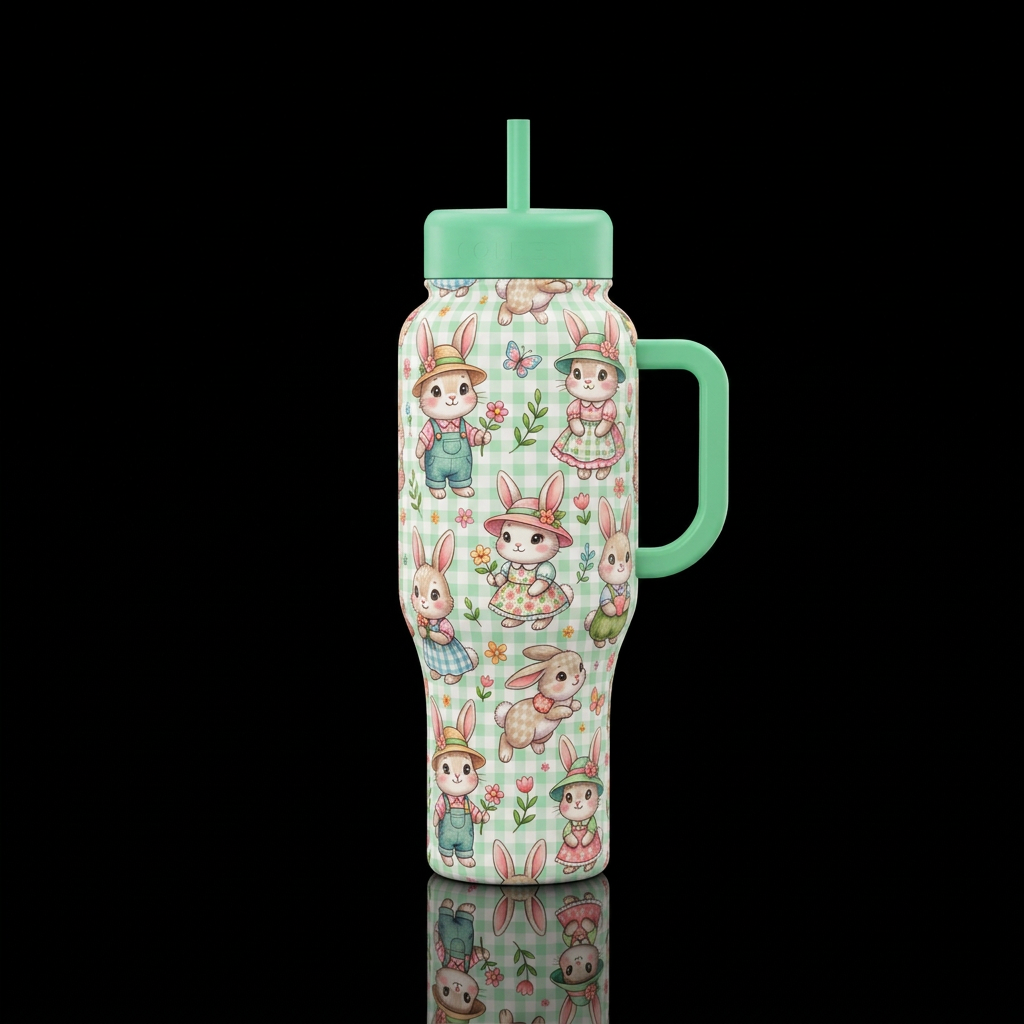 Gingham bunnies water bottle design