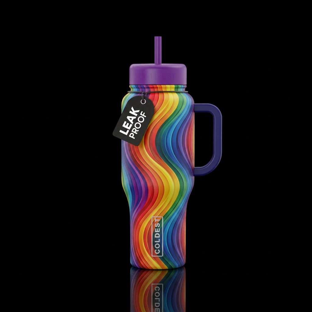 Alternation vertical s curves in rainbow colors.  ... water bottle design