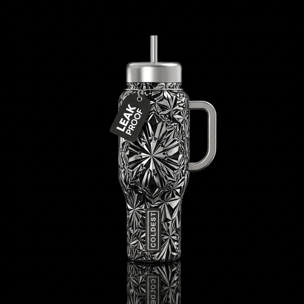 Black and silver crystalline abstract pottery desi... water bottle design