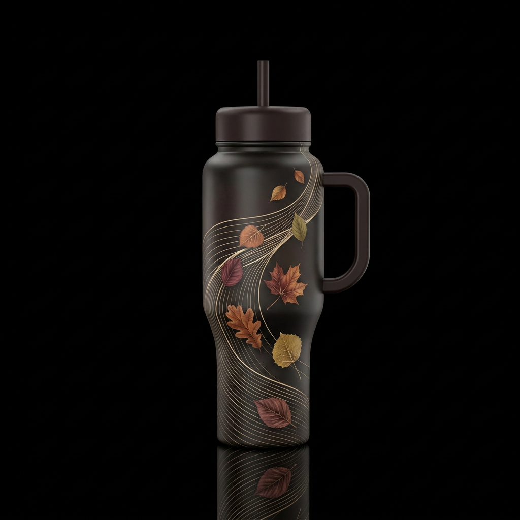 Dark smoky brown-black background.  Use thin flowi... water bottle design