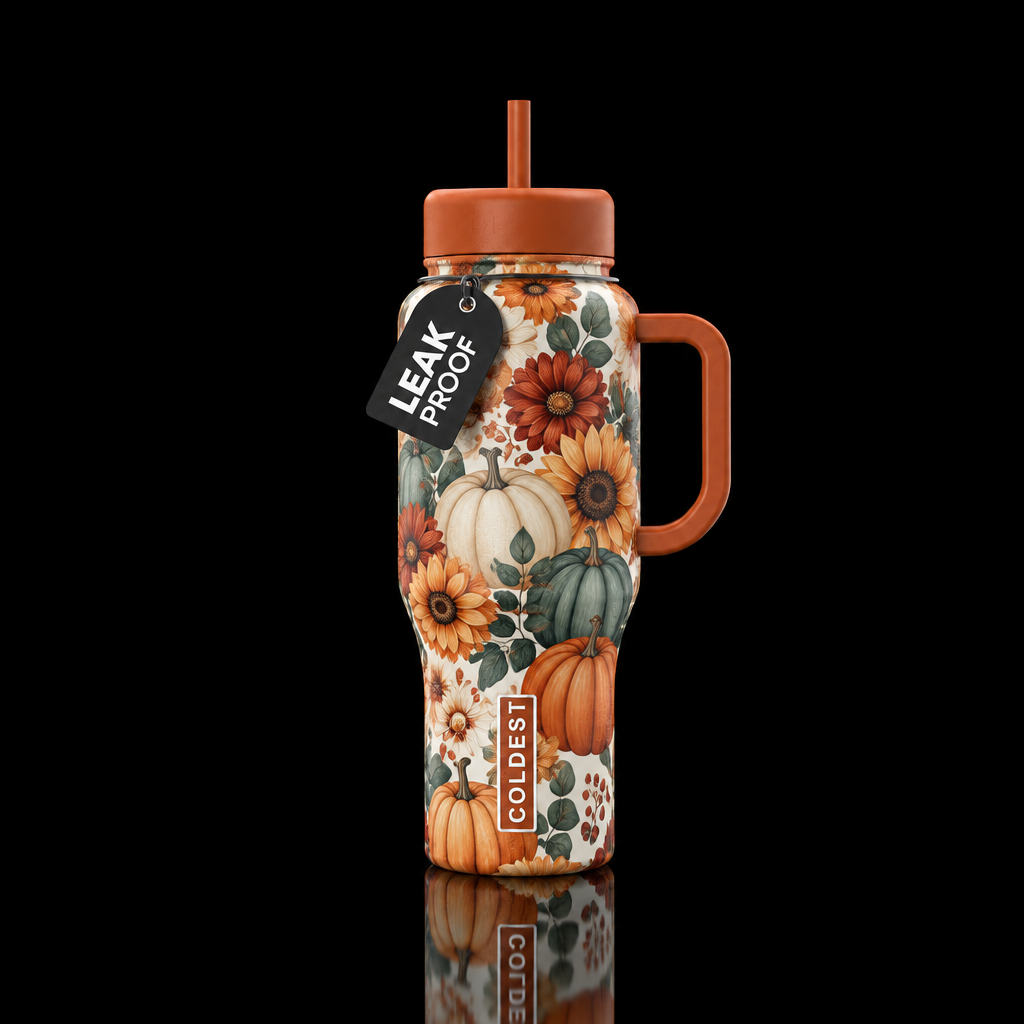 NoOp art boho pumpkins and fall florals water bottle design