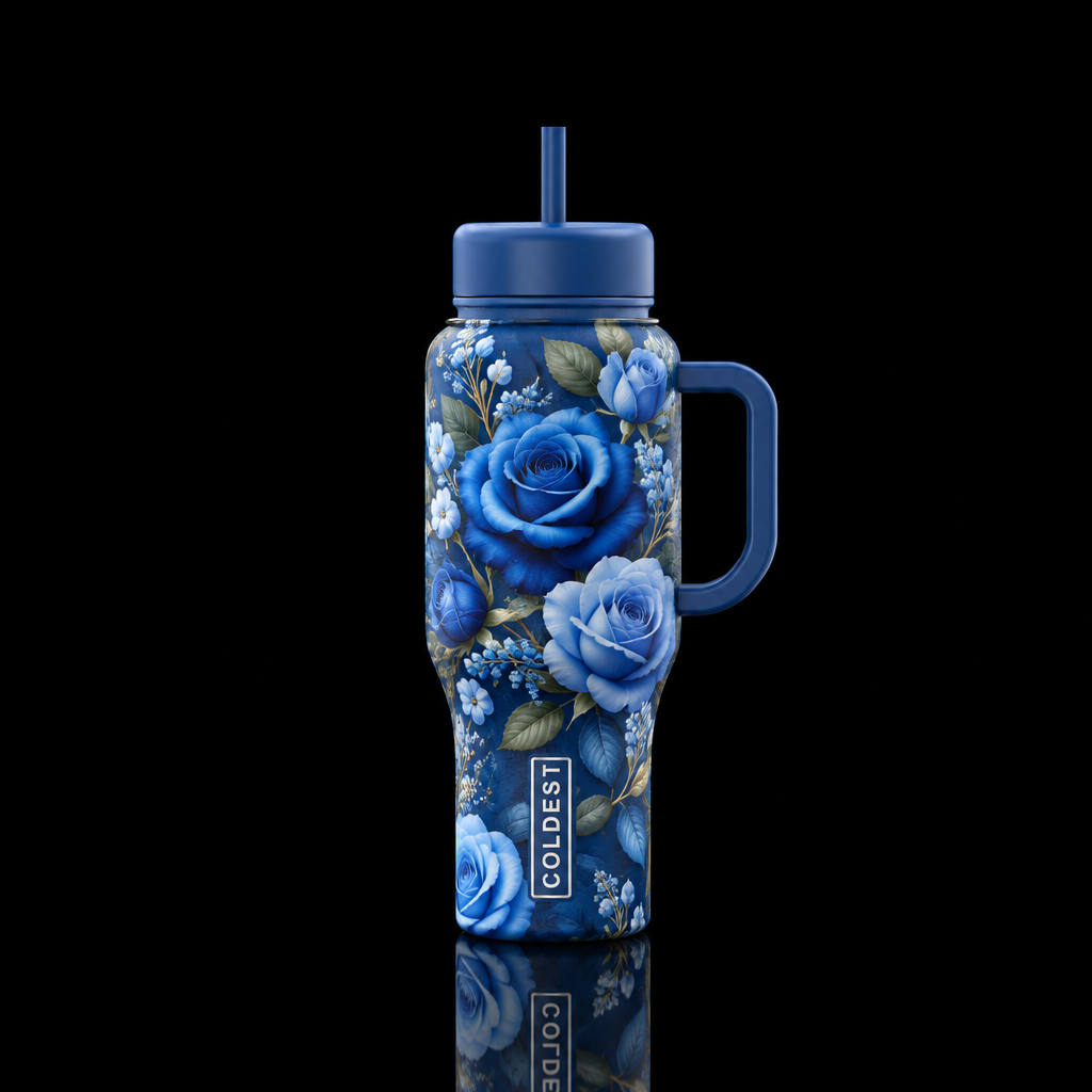 Boho vibrant lush blue rose garden.  No leak proof... water bottle design