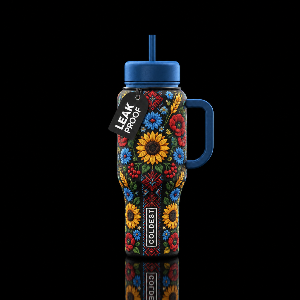 Embroidered spring water bottle design