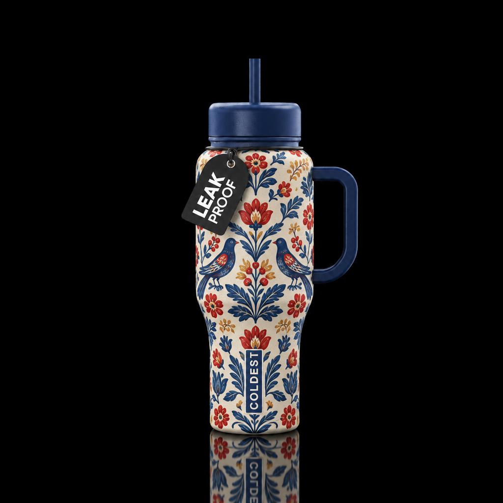 Folksy birds water bottle design