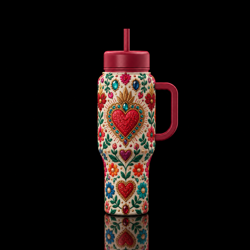 Folk hearts water bottle design
