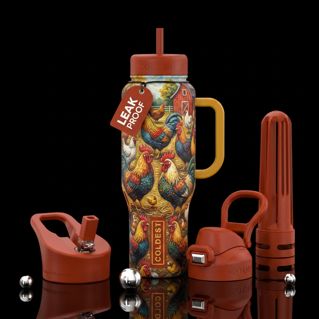 Barnyard chickens water bottle design