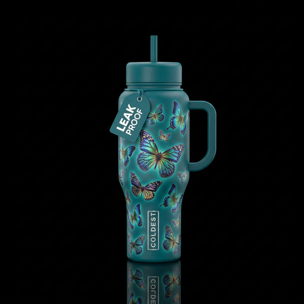 Glowie metallic butterflies water bottle design